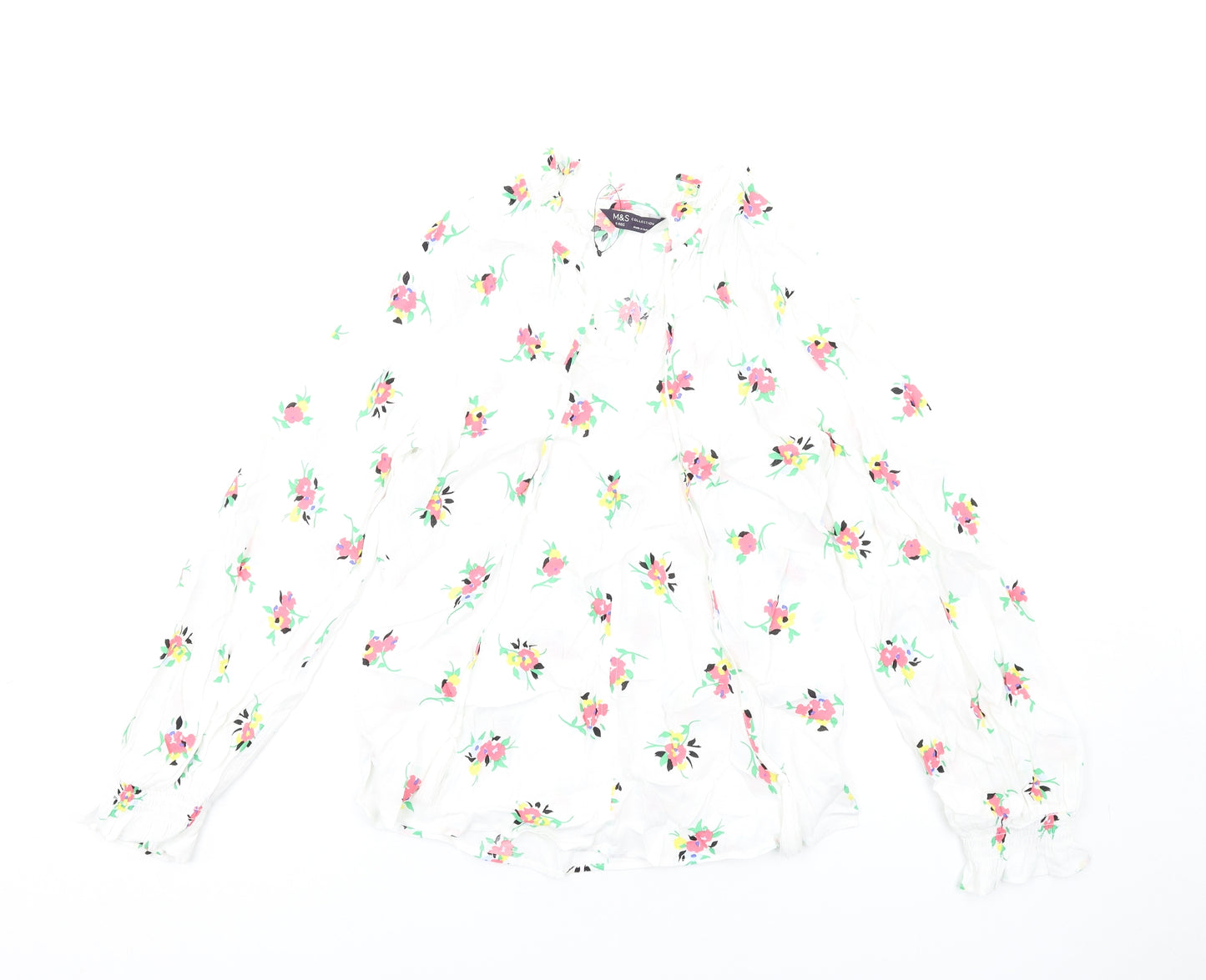 Marks and Spencer Womens White Floral Viscose Basic T-Shirt Size 6 V-Neck