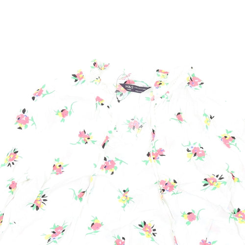 Marks and Spencer Womens White Floral Viscose Basic T-Shirt Size 6 V-Neck