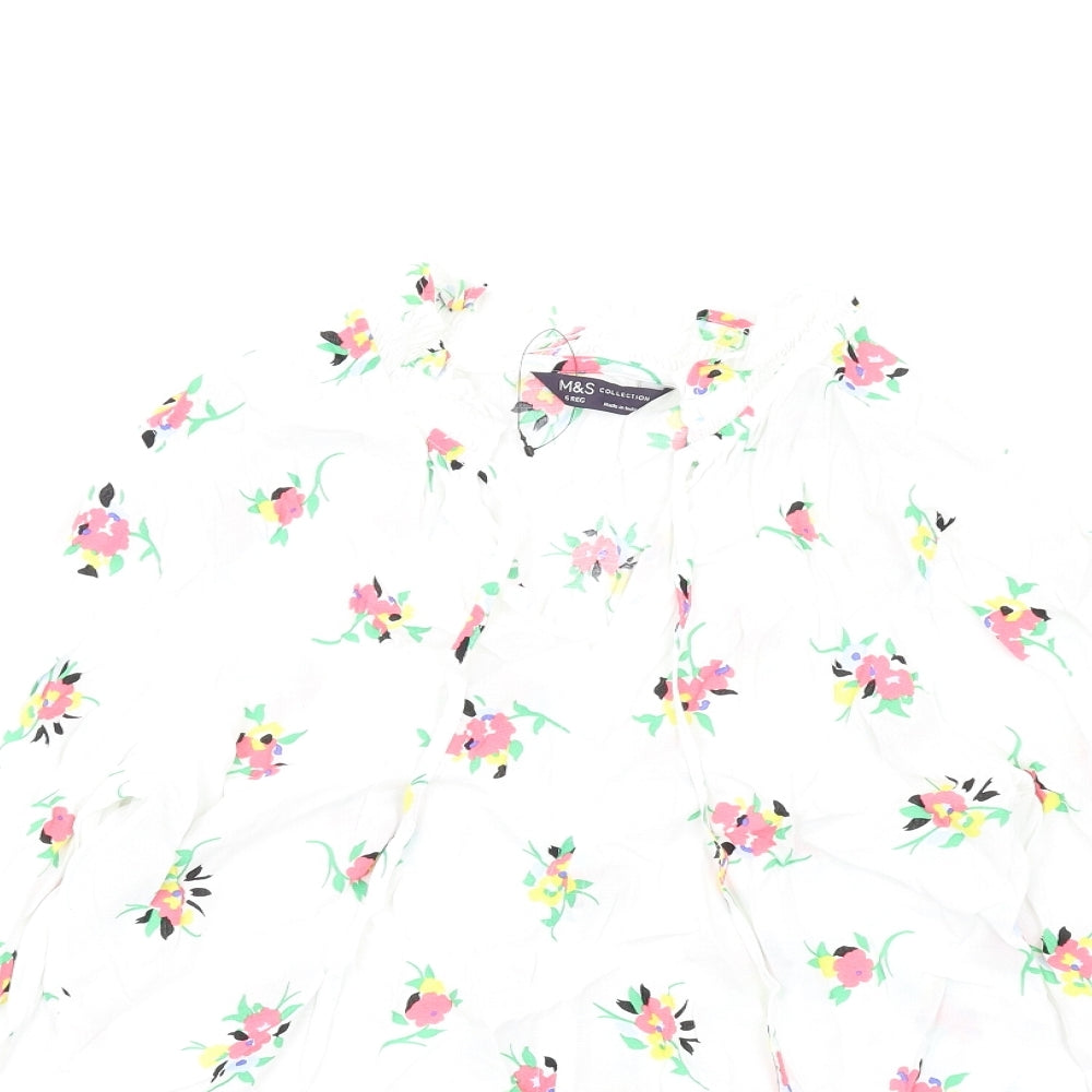 Marks and Spencer Womens White Floral Viscose Basic T-Shirt Size 6 V-Neck