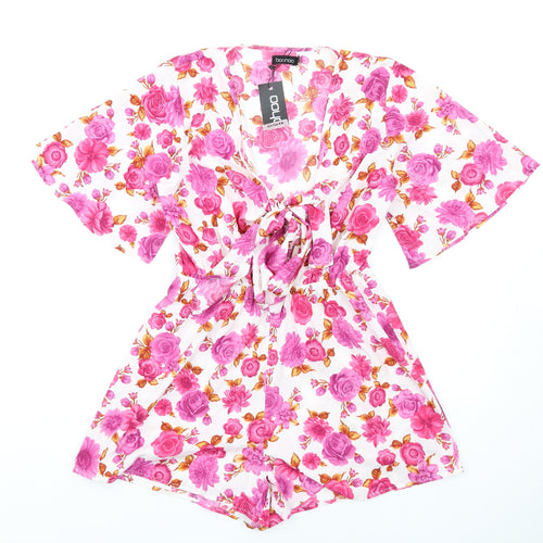 Boohoo Womens Pink Floral Polyester Playsuit One-Piece Size 10 Pullover