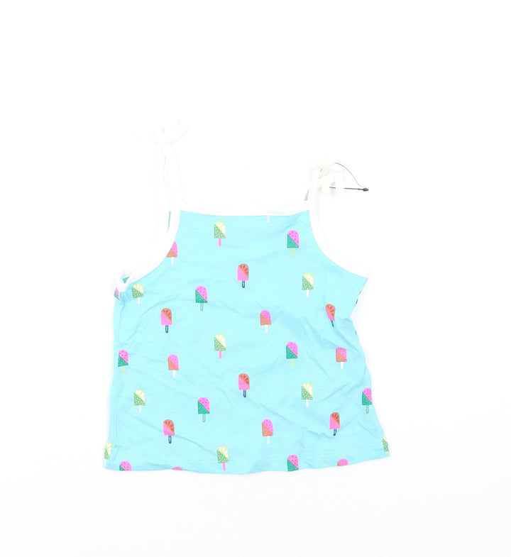 Marks and Spencer Girls Blue Geometric Cotton Basic Tank Size 2-3 Years Square Neck Pullover