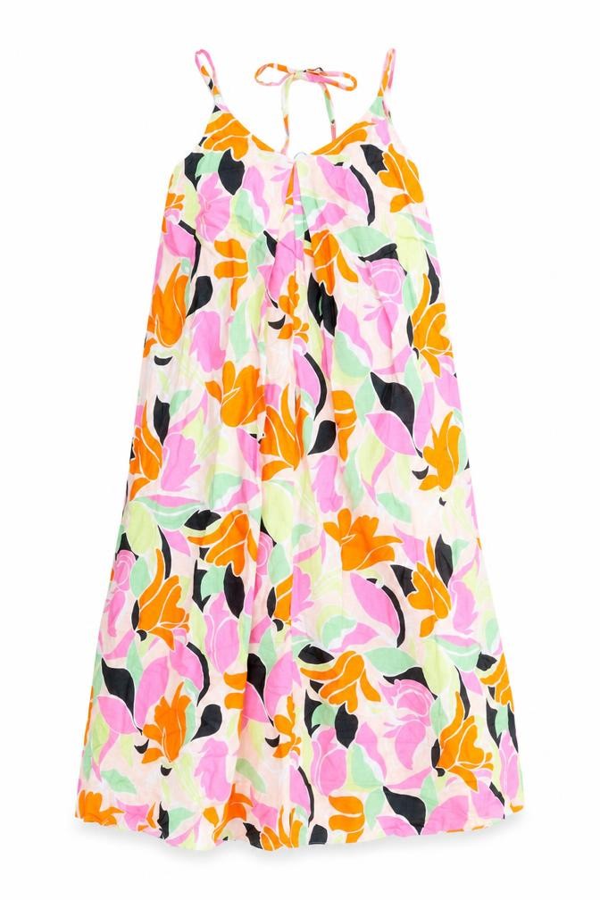 Front view of Marks & Spencer women’s multicoloured geometric linen a-line, size UK 8, v-neck pullover