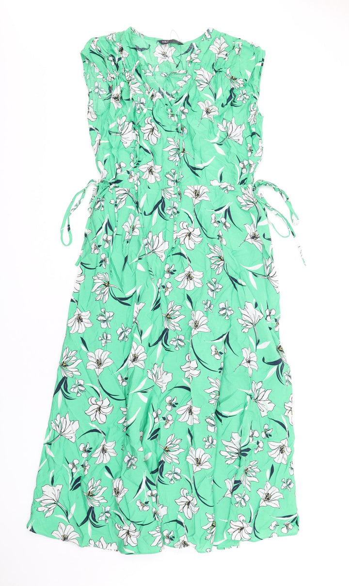 Marks and Spencer Womens Green Floral Viscose A-Line Size 8 V-Neck Pullover