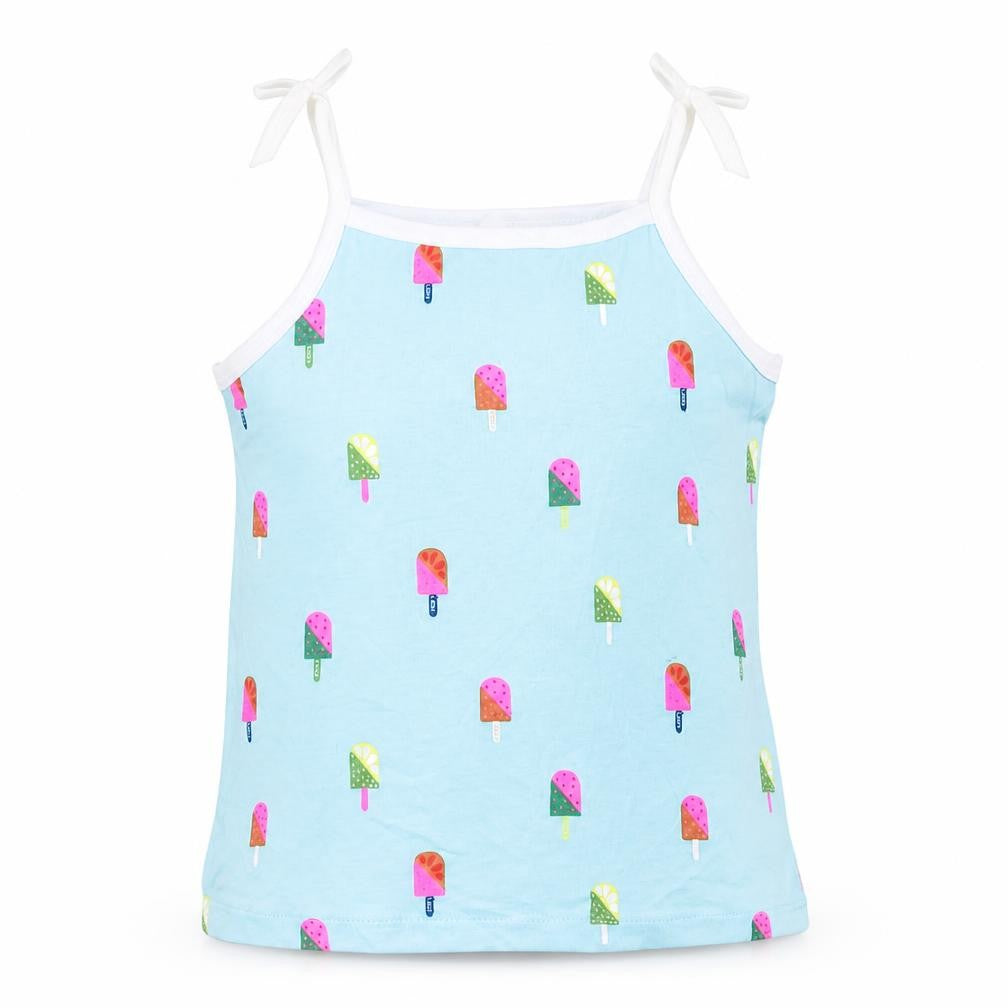 Front view of Marks & Spencer girls’ blue geometric cotton basic tank, size 2-3, years square neck pullover