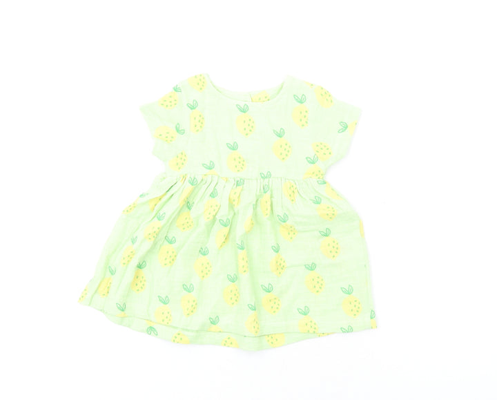 Marks and Spencer Girls Green Geometric Cotton Fit & Flare Size 3-6 Months Round Neck Button