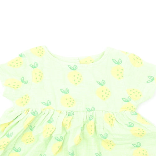 Marks and Spencer Girls Green Geometric Cotton Fit & Flare Size 3-6 Months Round Neck Button