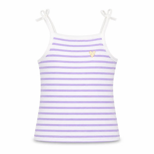 Front view of Marks & Spencer girls’ purple striped cotton basic tank, size 2-3, years square neck pullover