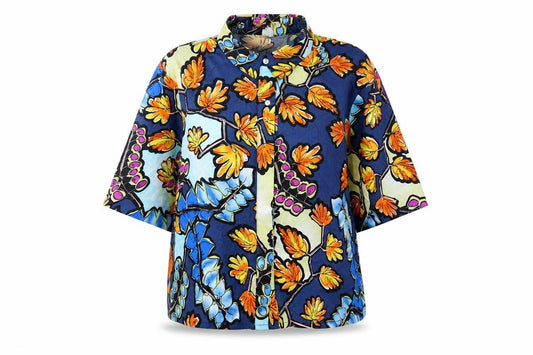 Front view of Bright and Beautiful women’s multicoloured geometric cotton basic button-up, size UK 10, collared