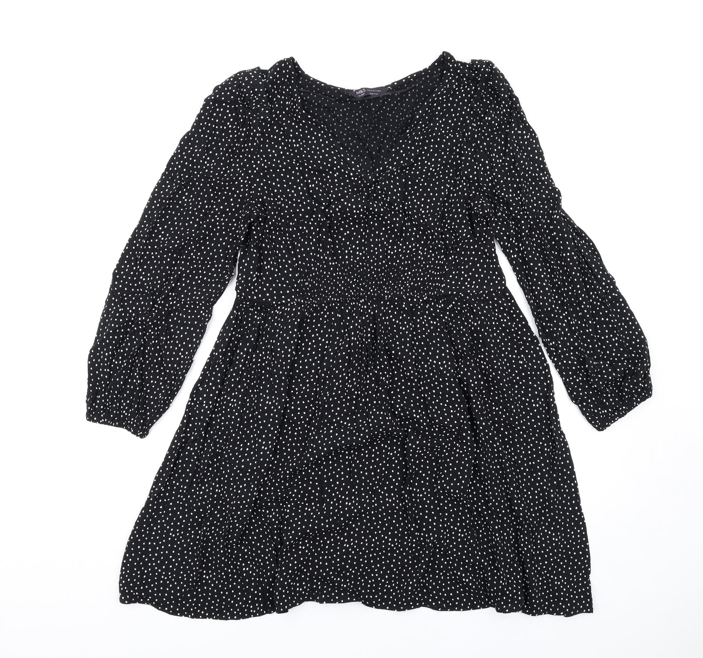 Marks and Spencer Womens Black Polka Dot Viscose Trapeze & Swing Size 14 V-Neck Pullover