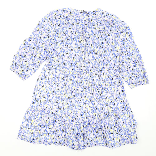 Marks and Spencer Womens Blue Geometric Cotton Trapeze & Swing Size 10 V-Neck Button