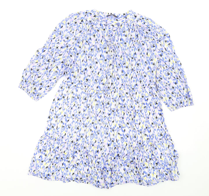 Marks and Spencer Womens Blue Geometric Cotton Trapeze & Swing Size 10 V-Neck Button