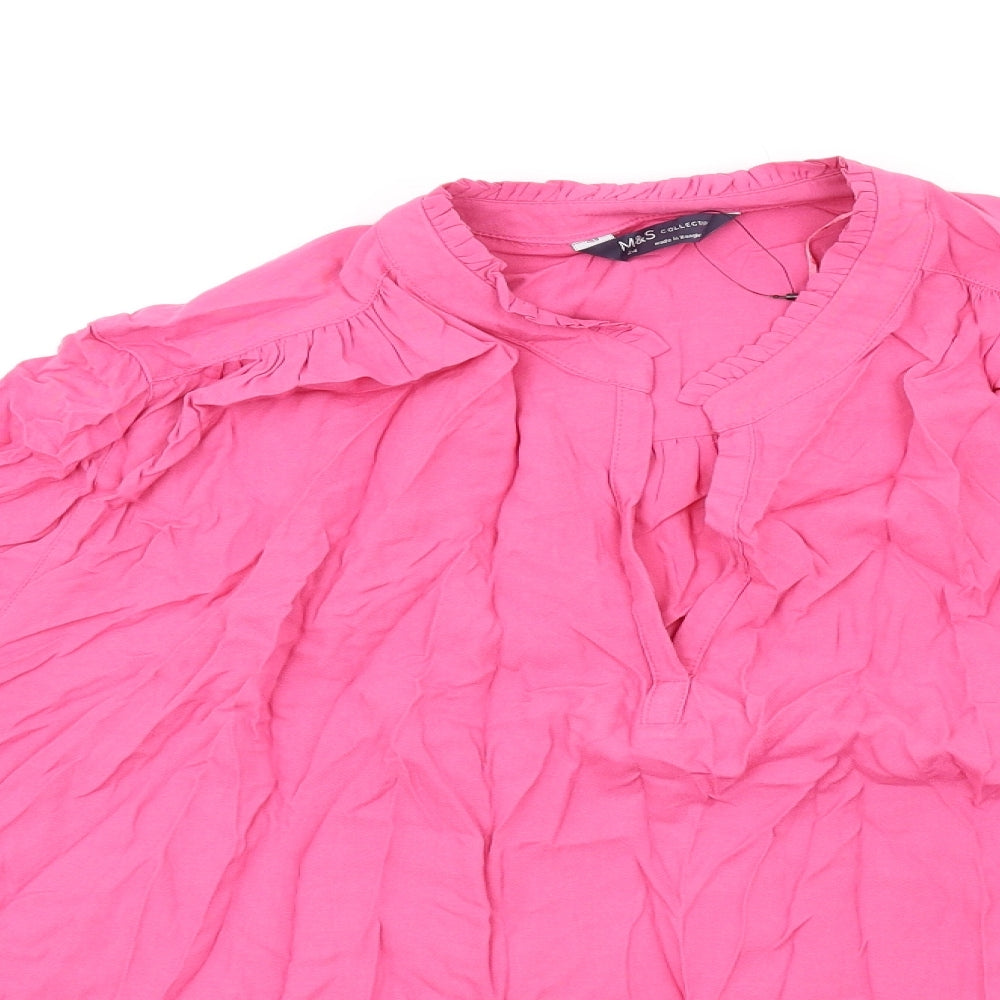 Marks and Spencer Womens Pink Viscose Basic T-Shirt Size 24 V-Neck