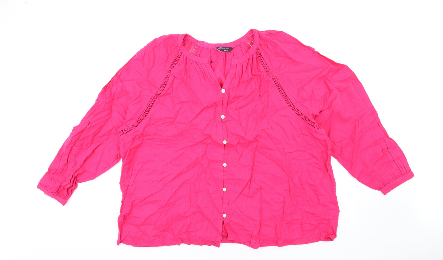 Marks and Spencer Womens Pink Linen Basic Button-Up Size 22 V-Neck