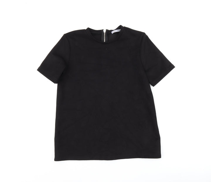Zara Womens Black Polyester Basic T-Shirt Size S Round Neck - Suede Effect