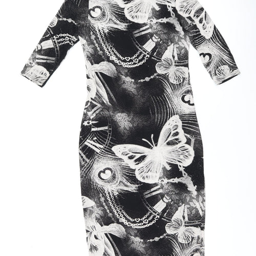 MANDI Womens Black Geometric Viscose Bodycon Size 12 Round Neck Pullover - Butterfly Print