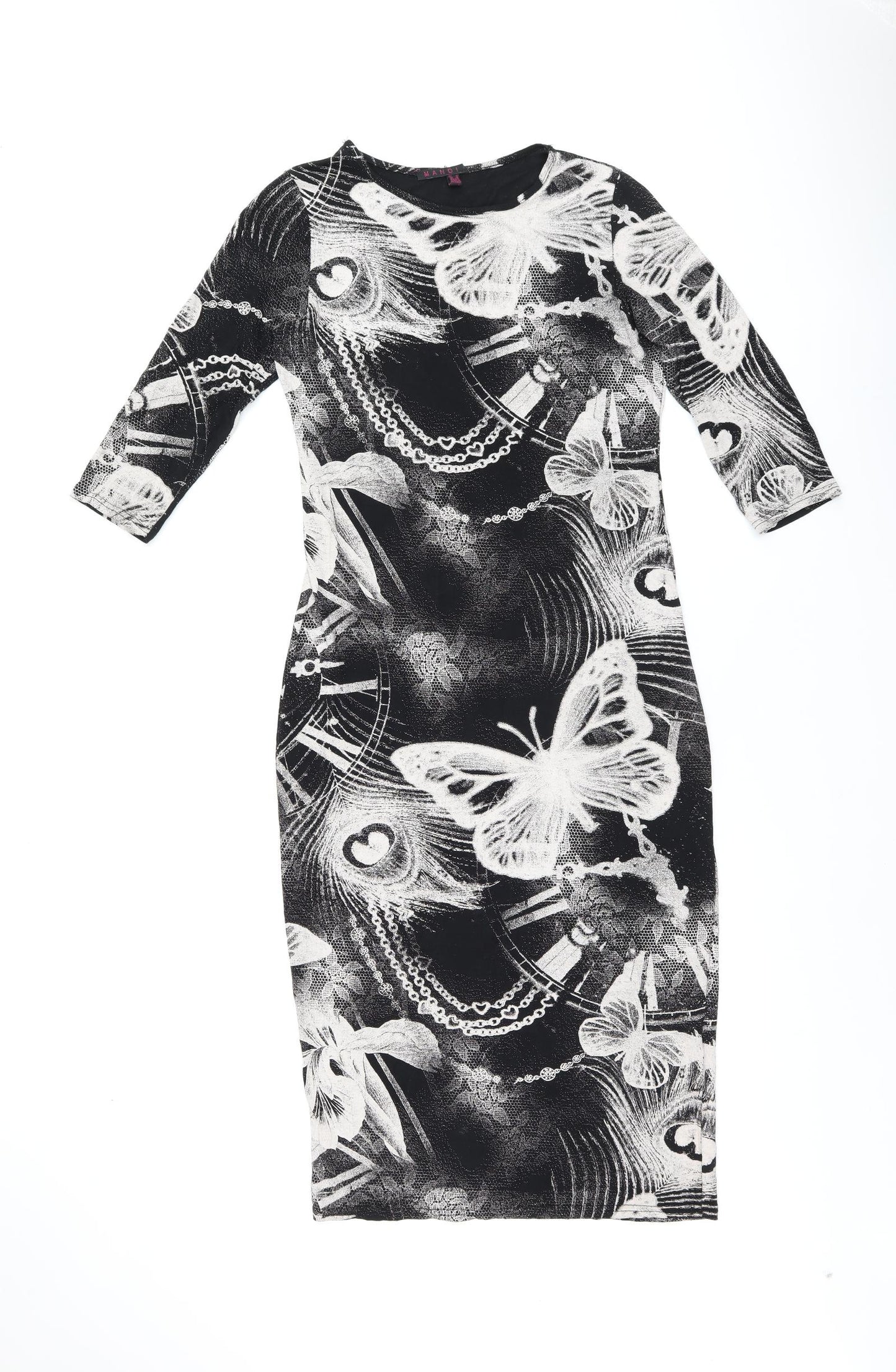 MANDI Womens Black Geometric Viscose Bodycon Size 12 Round Neck Pullover - Butterfly Print