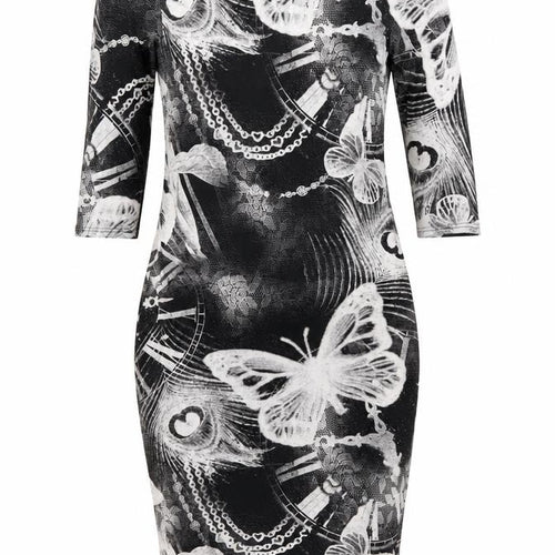 MANDI Womens Black Geometric Viscose Bodycon Size 12 Round Neck Pullover - Butterfly Print