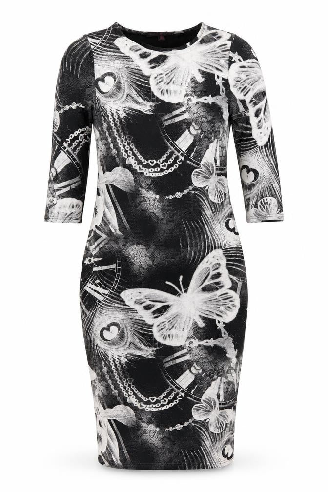 MANDI Womens Black Geometric Viscose Bodycon Size 12 Round Neck Pullover - Butterfly Print