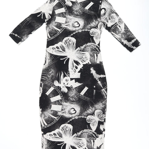 MANDI Womens Black Geometric Viscose Bodycon Size 12 Round Neck Pullover - Butterfly Print