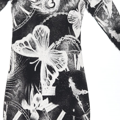 MANDI Womens Black Geometric Viscose Bodycon Size 12 Round Neck Pullover - Butterfly Print