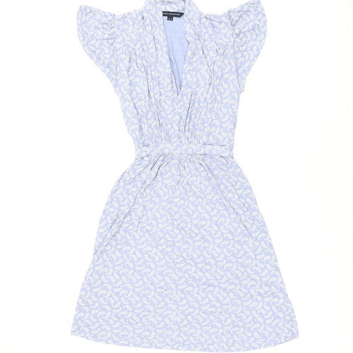 French Connection Womens Blue Geometric Viscose Skater Dress Size 8 V-Neck Pullover