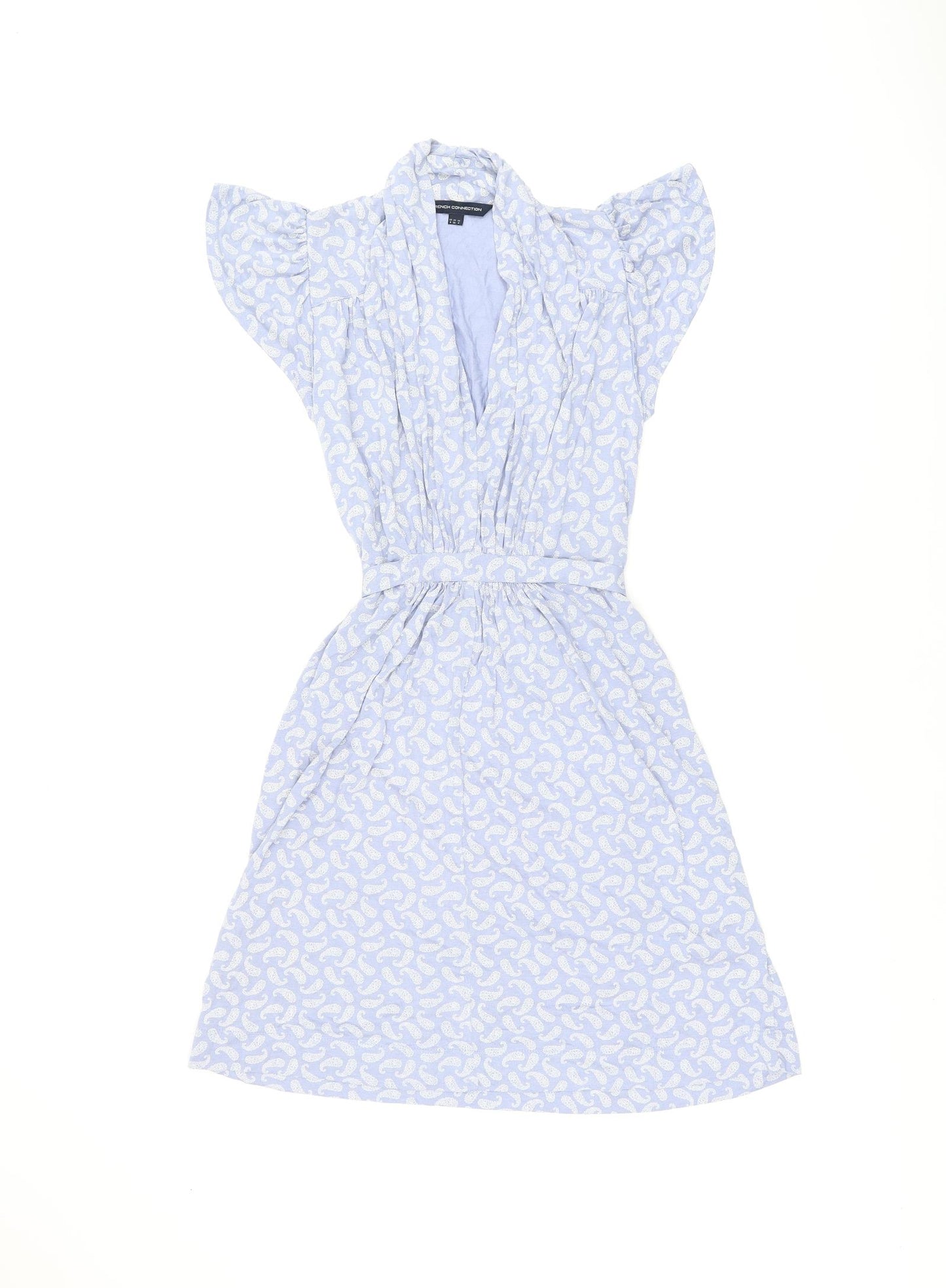 French Connection Womens Blue Geometric Viscose Skater Dress Size 8 V-Neck Pullover