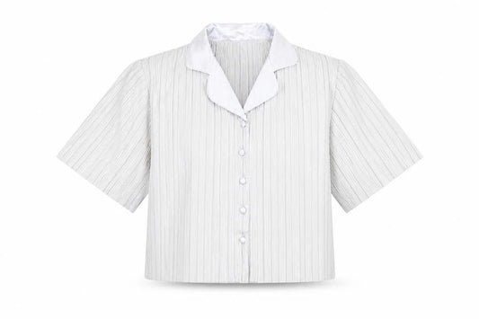 Front view of Loungeable women’s silver polyester basic button-up, size UK 12, collared