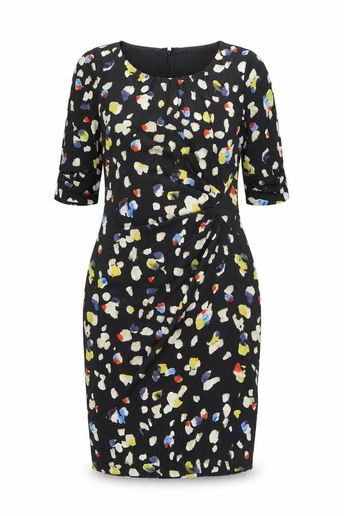 Front view of Great Plains women’s black geometric polyester bodycon, size S, round neck zip