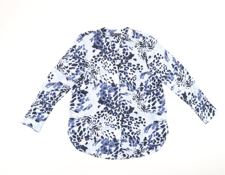 Marks and Spencer Womens Blue Geometric Polyester Basic Button-Up Size 10 V-Neck