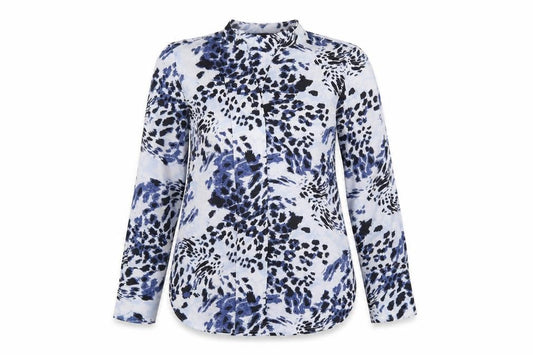 Front view of Marks & Spencer women’s blue geometric polyester basic button-up, size UK 10, v-neck