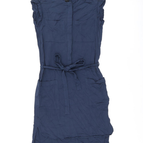 H&M Womens Blue Polyester Shift Size 6 Round Neck Button - Belted