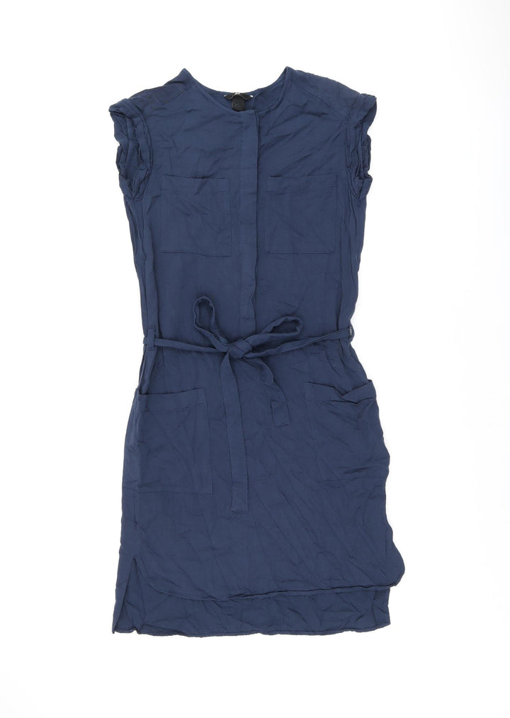 H&M Womens Blue Polyester Shift Size 6 Round Neck Button - Belted
