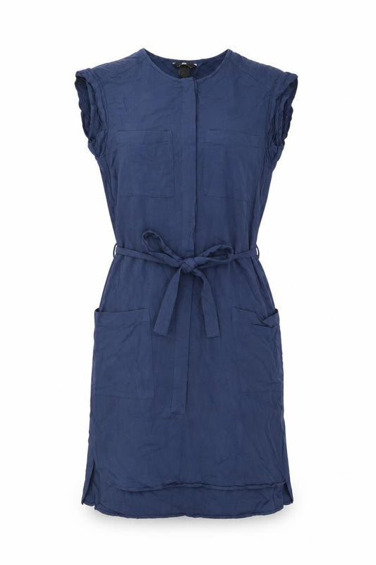 Front view of H&M women’s blue polyester shift, size UK 6, round neck button - belted