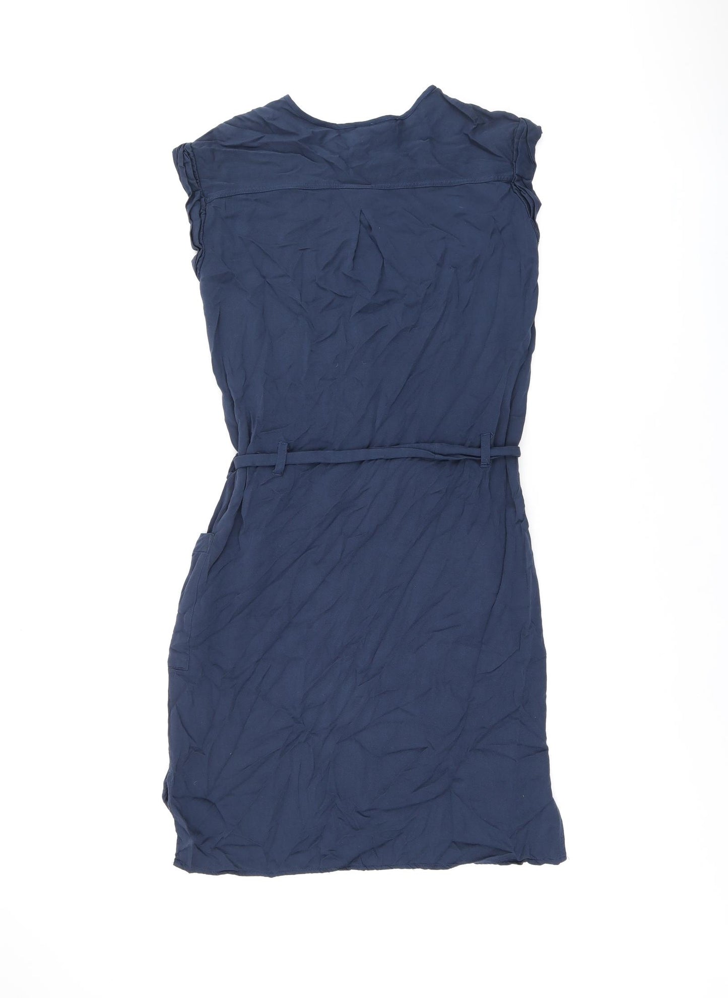 H&M Womens Blue Polyester Shift Size 6 Round Neck Button - Belted