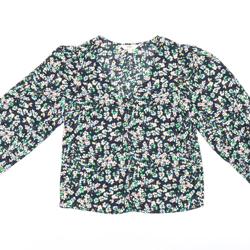 Marks and Spencer Womens Blue Floral Polyester Basic Blouse Size 8 V-Neck