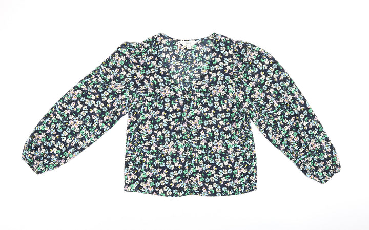 Marks and Spencer Womens Blue Floral Polyester Basic Blouse Size 8 V-Neck