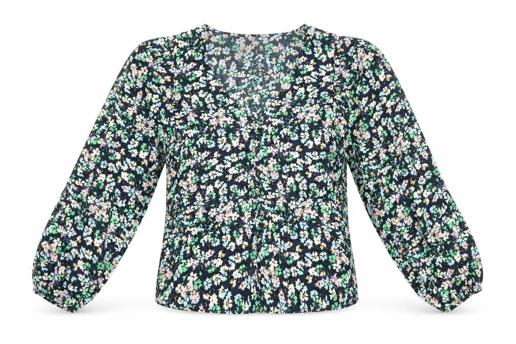 Front view of Marks & Spencer women’s blue floral polyester basic blouse, size UK 8, v-neck