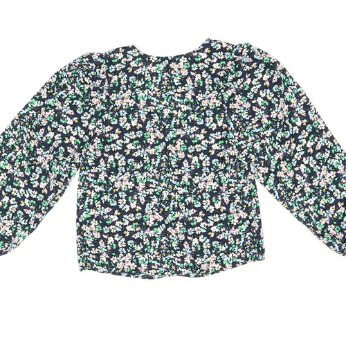 Marks and Spencer Womens Blue Floral Polyester Basic Blouse Size 8 V-Neck
