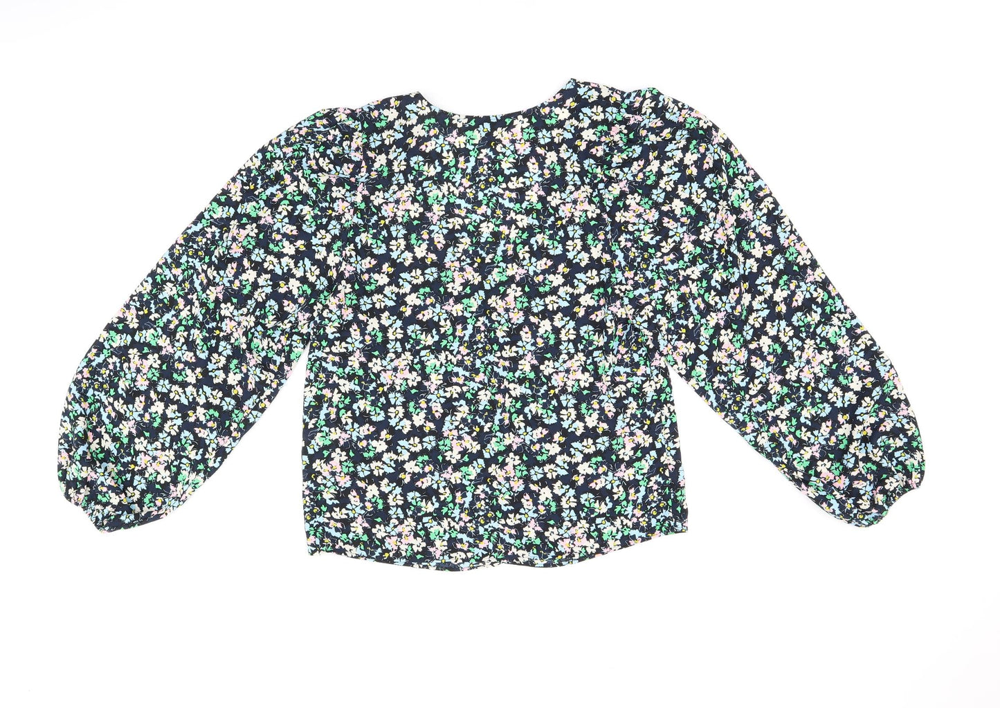 Marks and Spencer Womens Blue Floral Polyester Basic Blouse Size 8 V-Neck