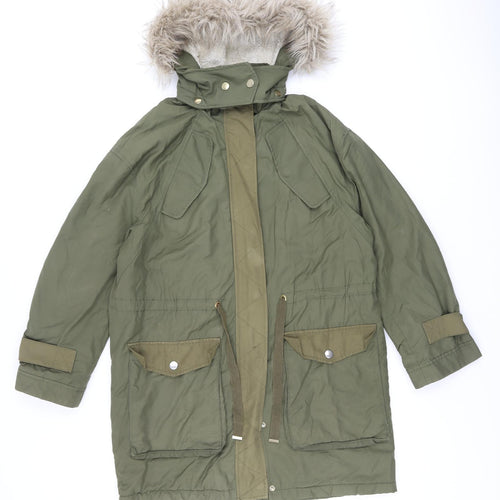 H&M Womens Green Parka Coat Size XS Zip - Fur Hood