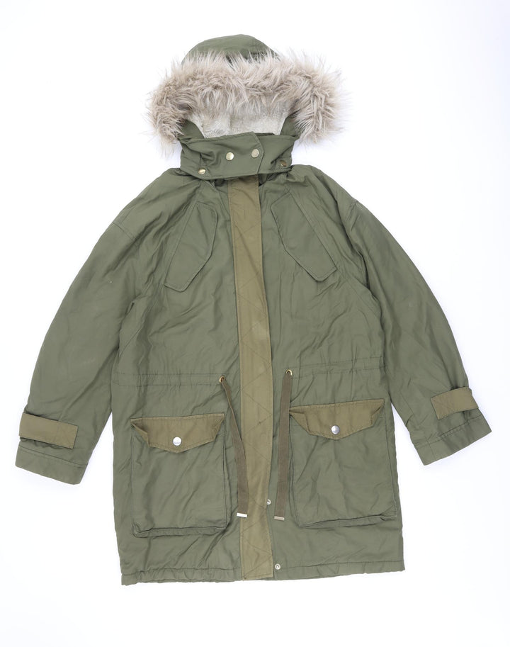 H&M Womens Green Parka Coat Size XS Zip - Fur Hood