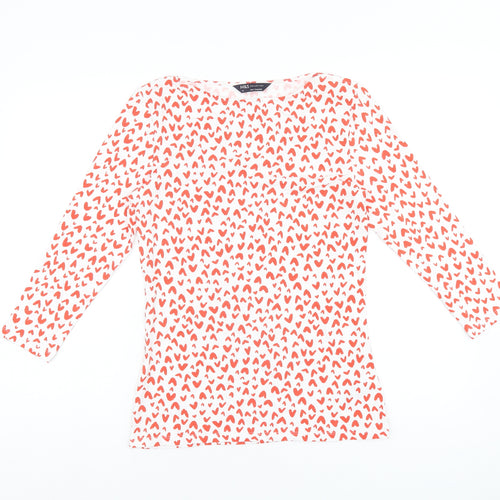 Marks and Spencer Womens White Geometric Cotton Basic T-Shirt Size 10 Boat Neck - Heart Print