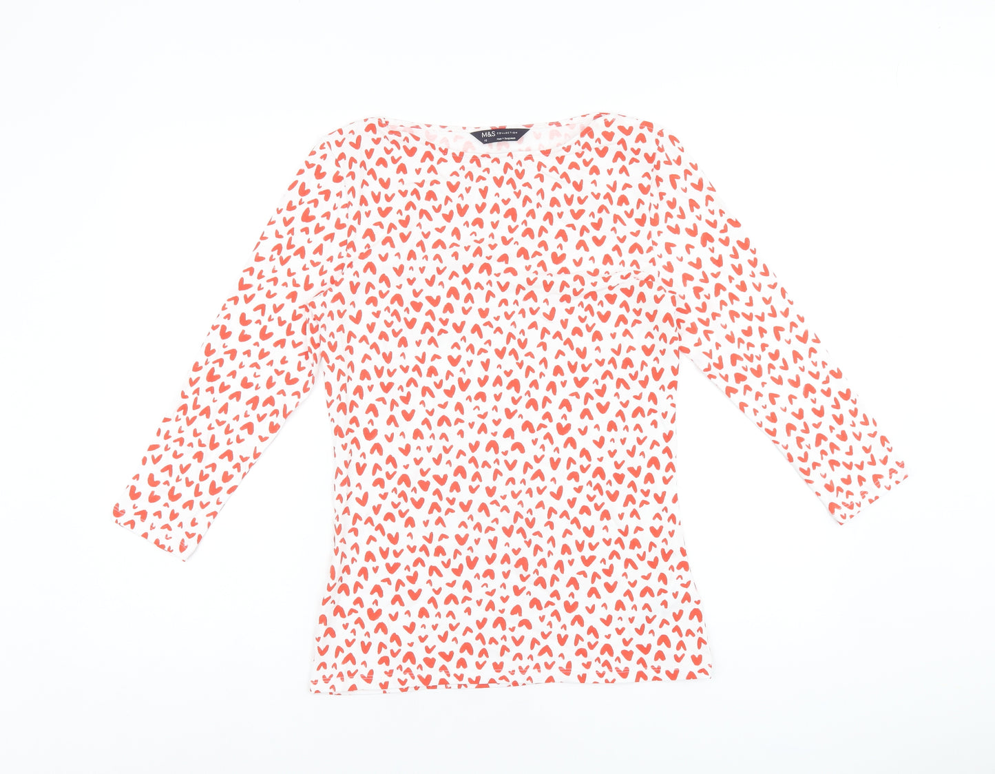 Marks and Spencer Womens White Geometric Cotton Basic T-Shirt Size 10 Boat Neck - Heart Print