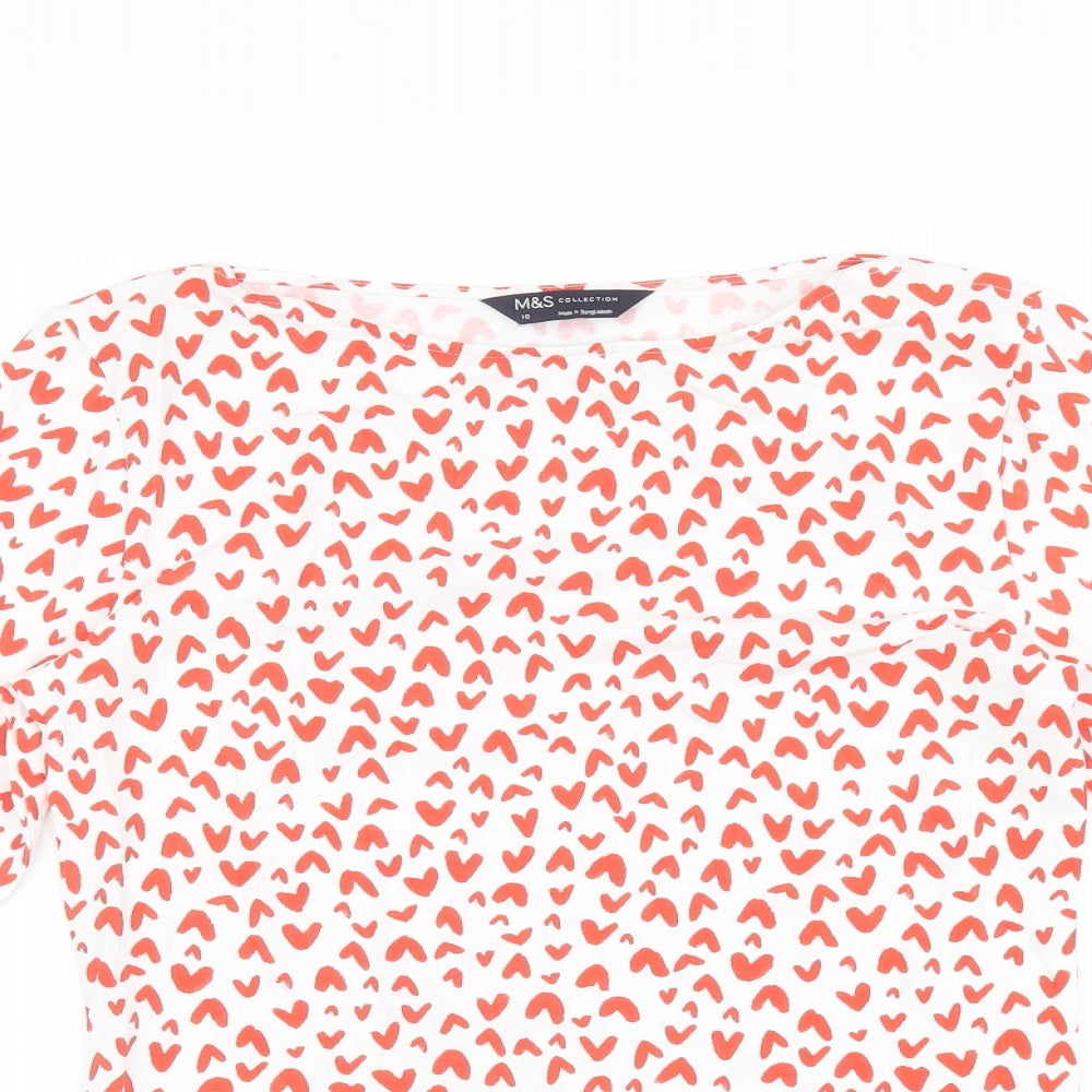 Marks and Spencer Womens White Geometric Cotton Basic T-Shirt Size 10 Boat Neck - Heart Print