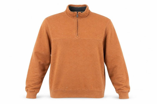 Front view of Arrow men’s orange cotton pullover sweatshirt, size L