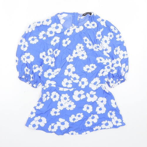 Marks and Spencer Womens Blue Floral Viscose Basic Blouse Size 6 Round Neck