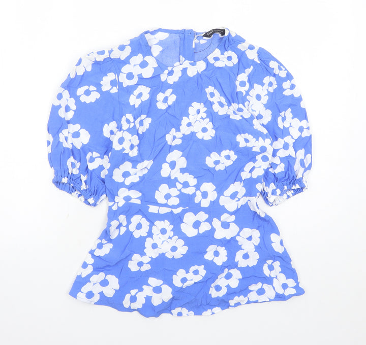 Marks and Spencer Womens Blue Floral Viscose Basic Blouse Size 6 Round Neck