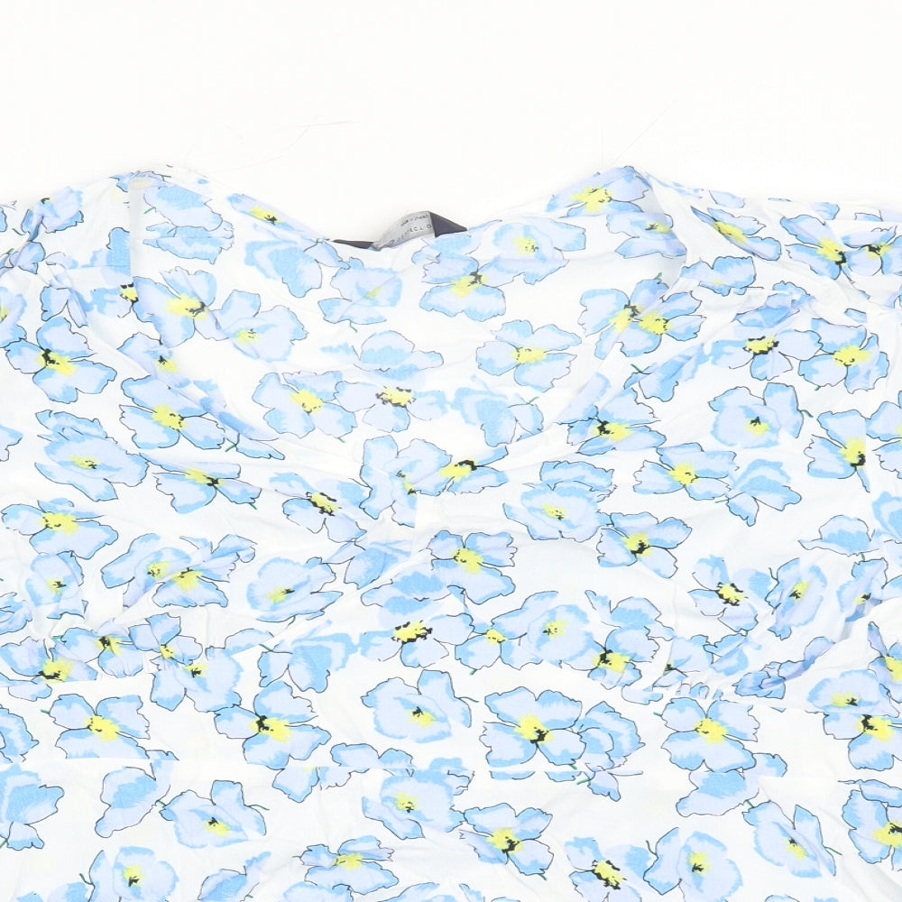 Marks and Spencer Womens Blue Floral Viscose Basic Blouse Size 22 V-Neck
