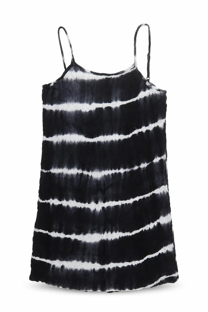 Front view of Missguided women’s black tie dye polyester slip dress, size M, round neck pullover