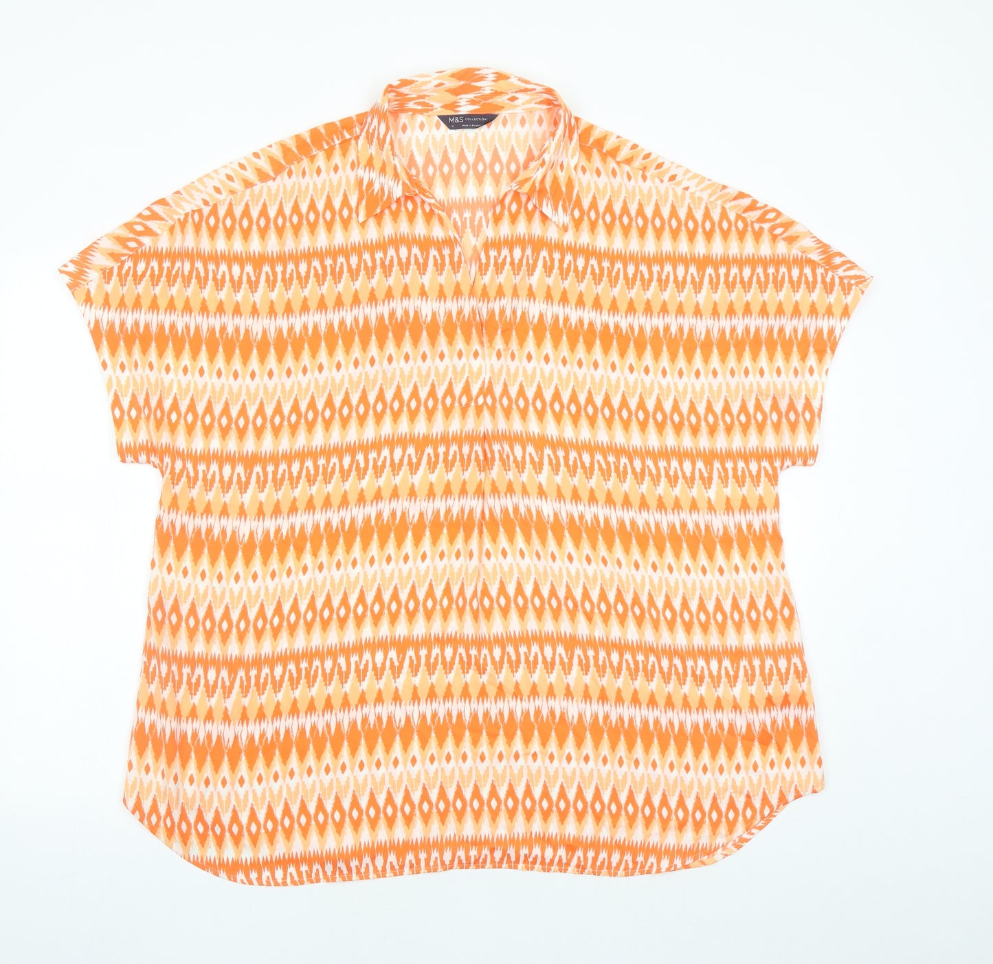 Marks and Spencer Womens Orange Geometric Polyester Basic Blouse Size 18 Collared